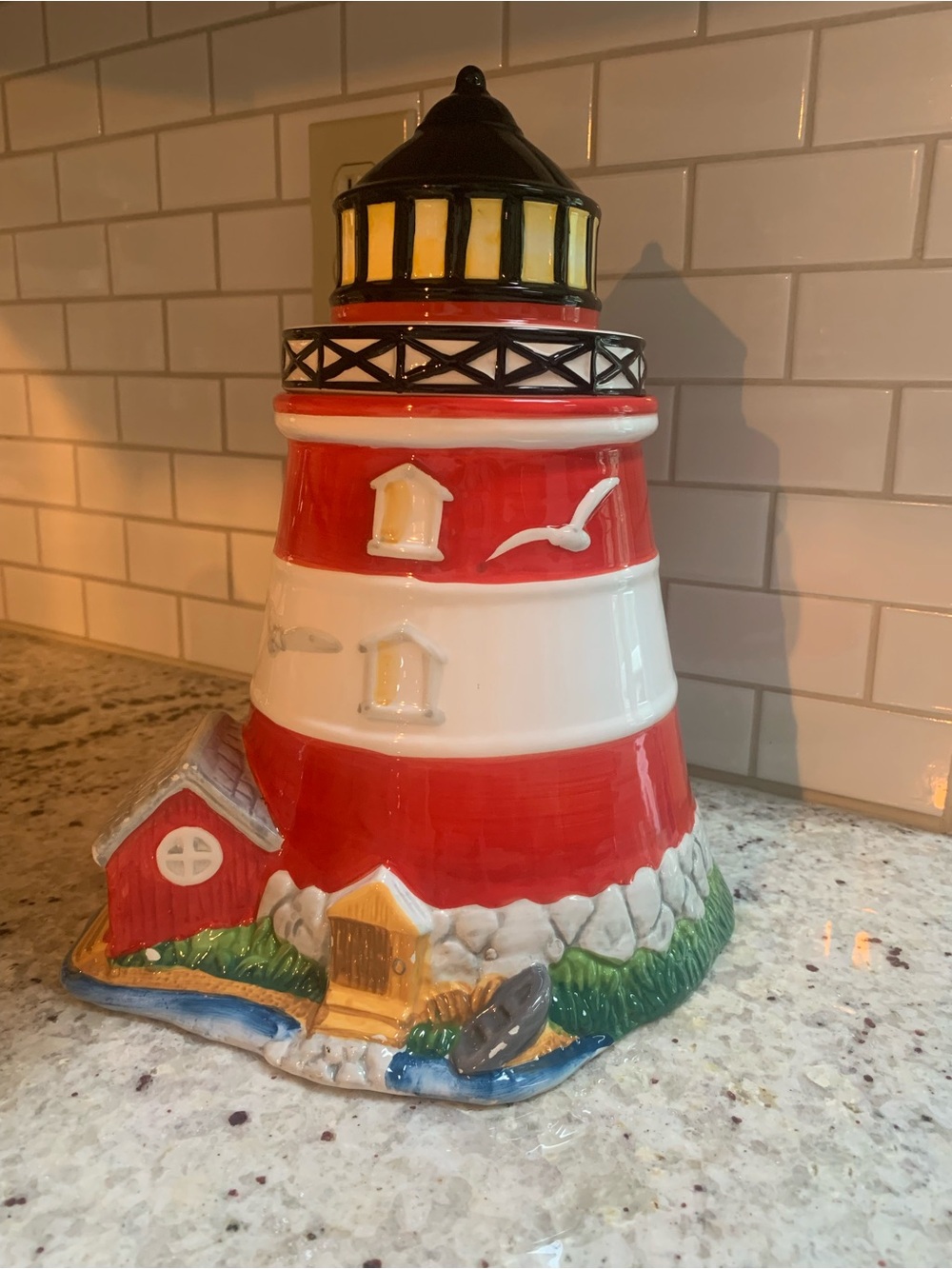 Ceramic Red & White Lighthouse Cookie Jar